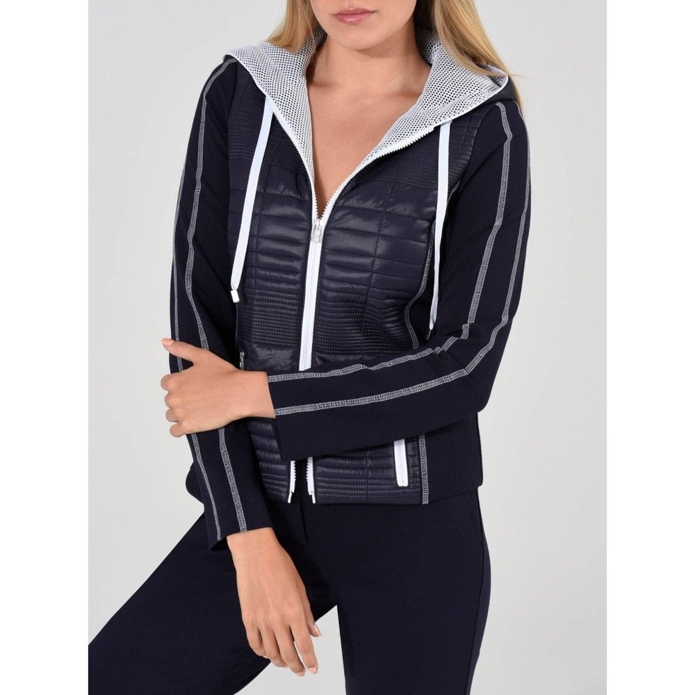 I'CONA Women's Size 10 Athleisure Hooded Jacket Navy Zip Sporty NWT